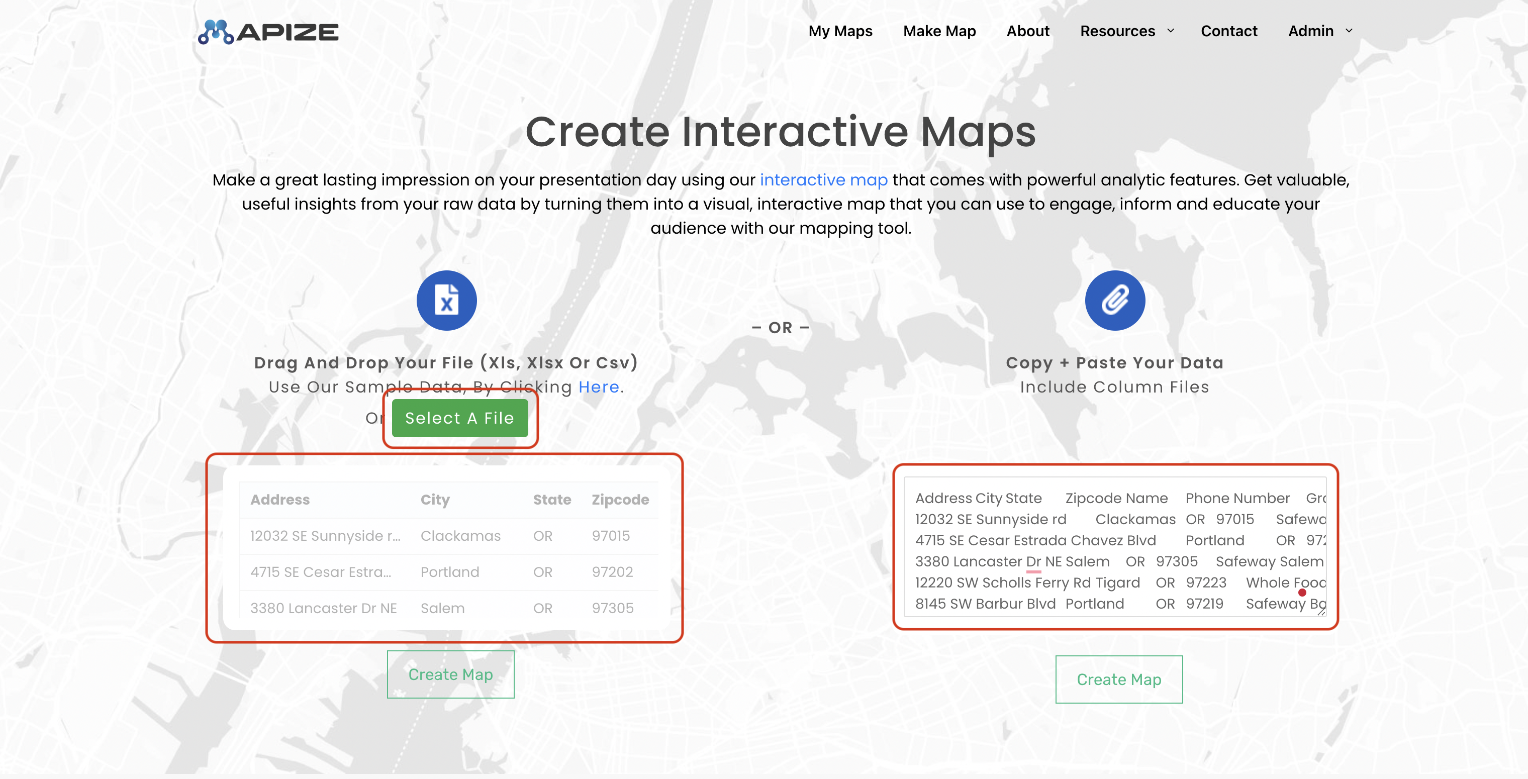 Screenshot of Mapize website with red circles around the three ways to map multiple locations.