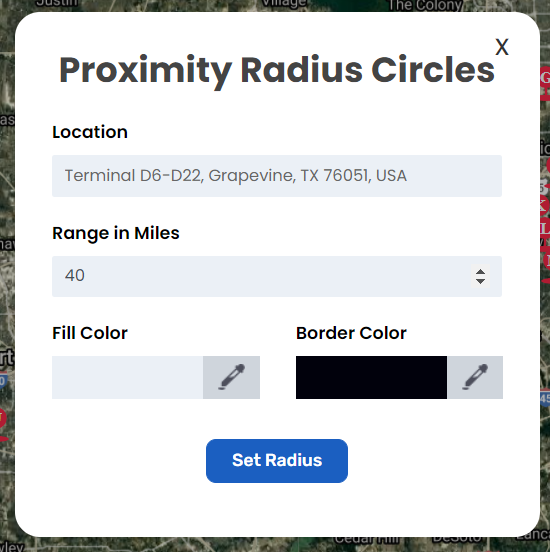 Pop-up window labeled Proximity Radius Circles that customizes the label for location, range and colors.