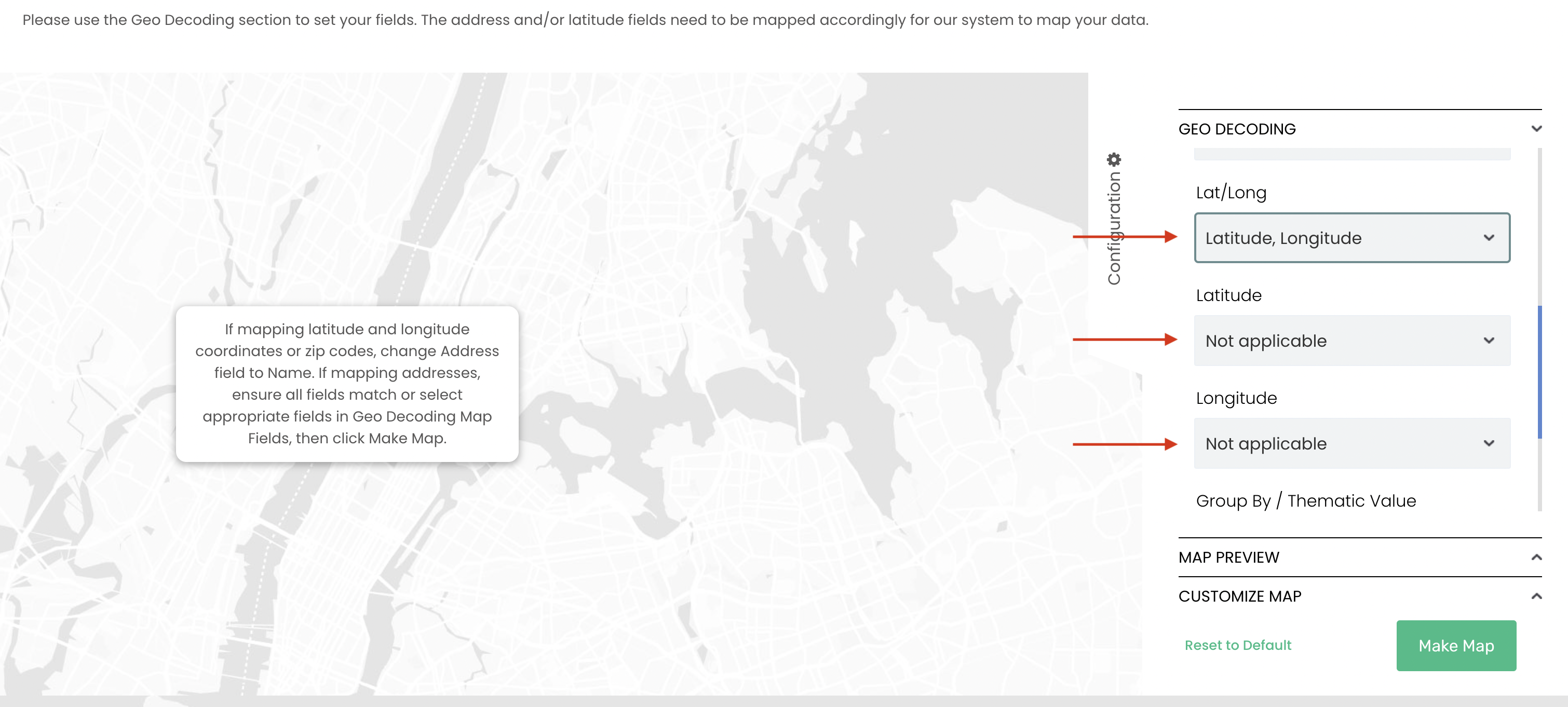 Screenshot of Mapize "Create Interactive Maps" page with three red arrows pointing to coordinate fields.