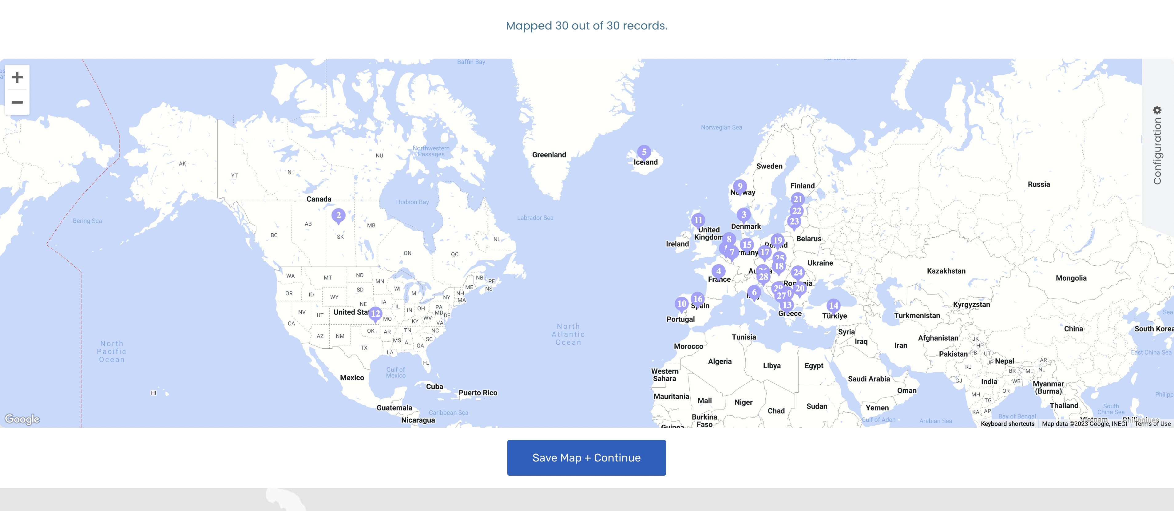 Screenshot of Mapize map with various plot points in North America, Iceland, and Europe.