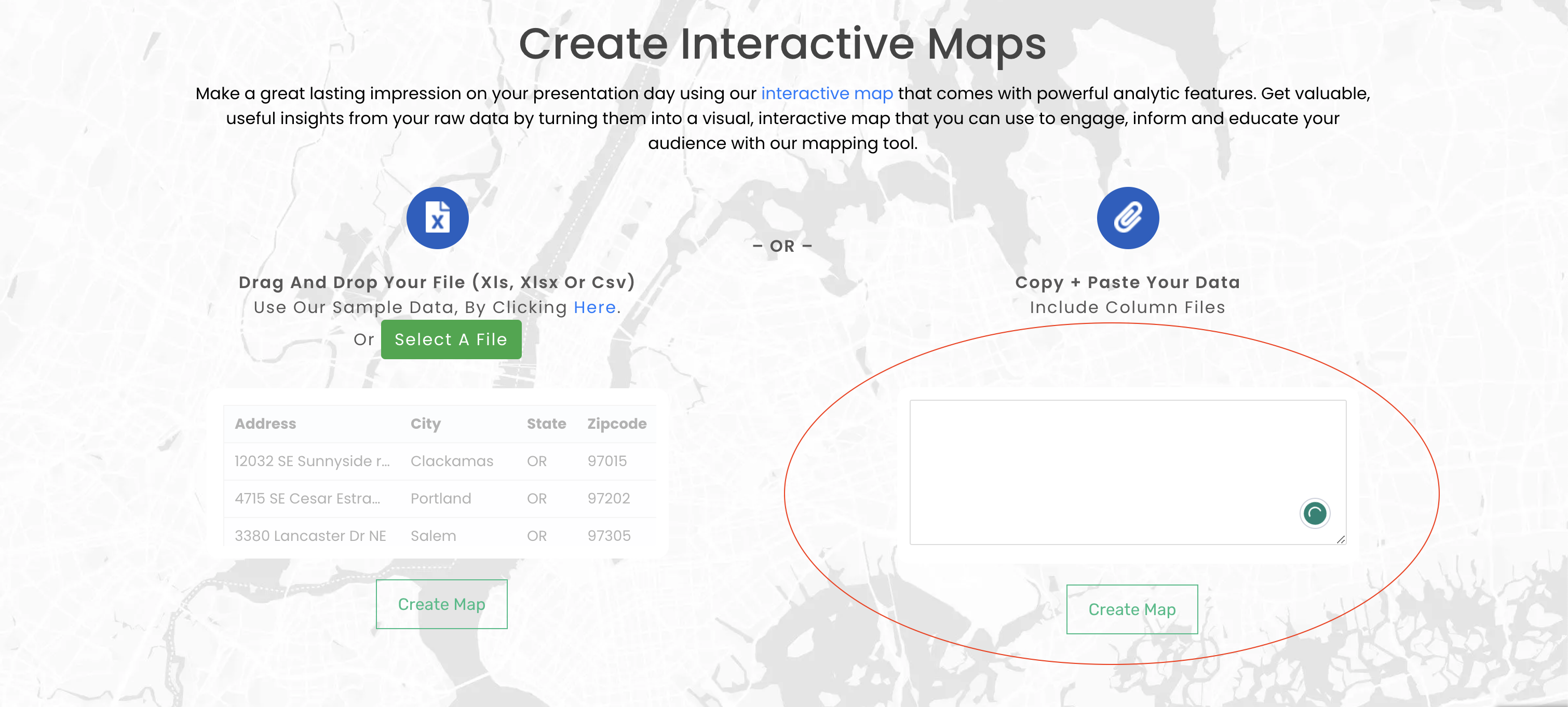 Screenshot of Mapize "Create Interactive Maps" page with a red oval around a text box on the right.