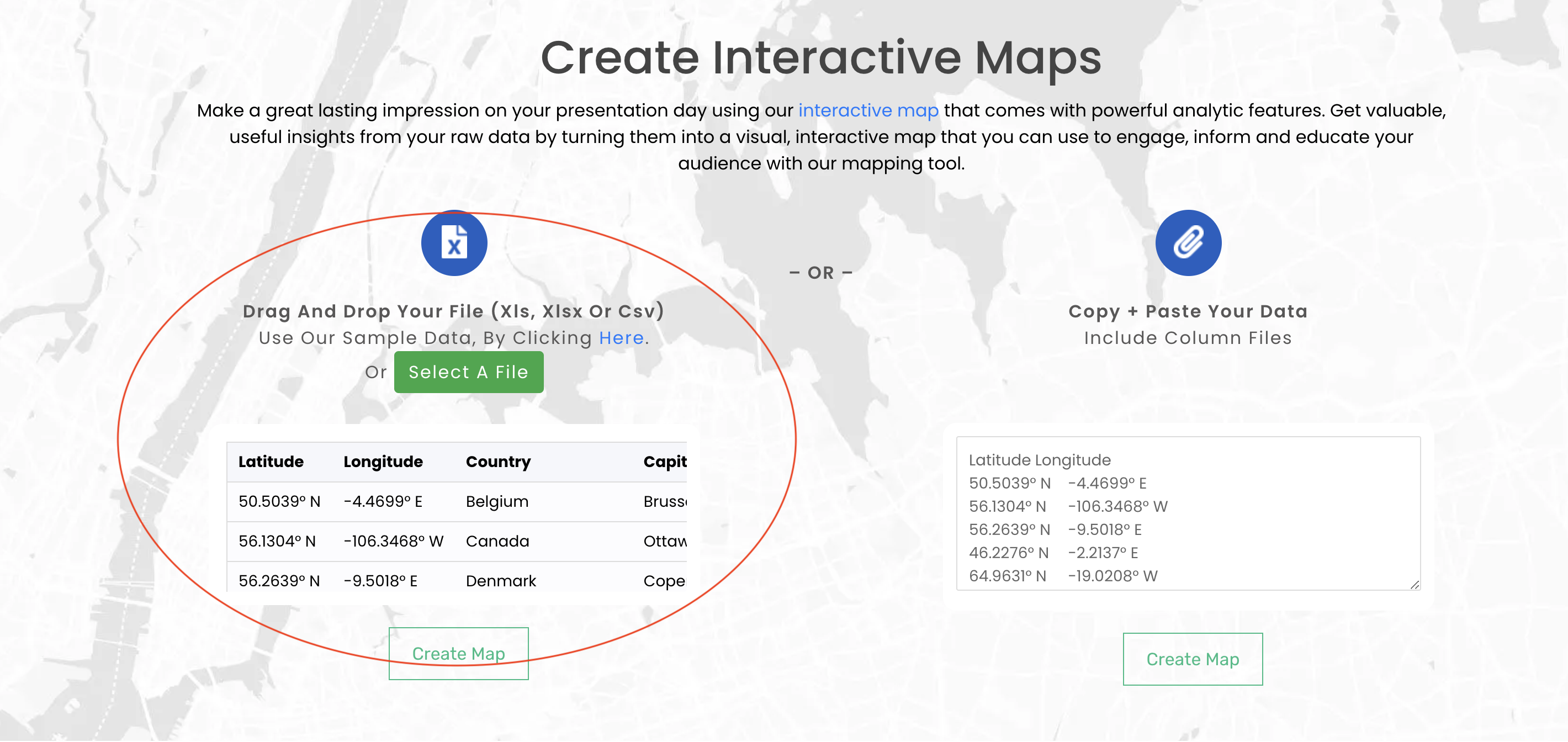 Screenshot of Mapize "Create Interactive Maps" page with a red oval around the "Drag and Drop Your File" field.
