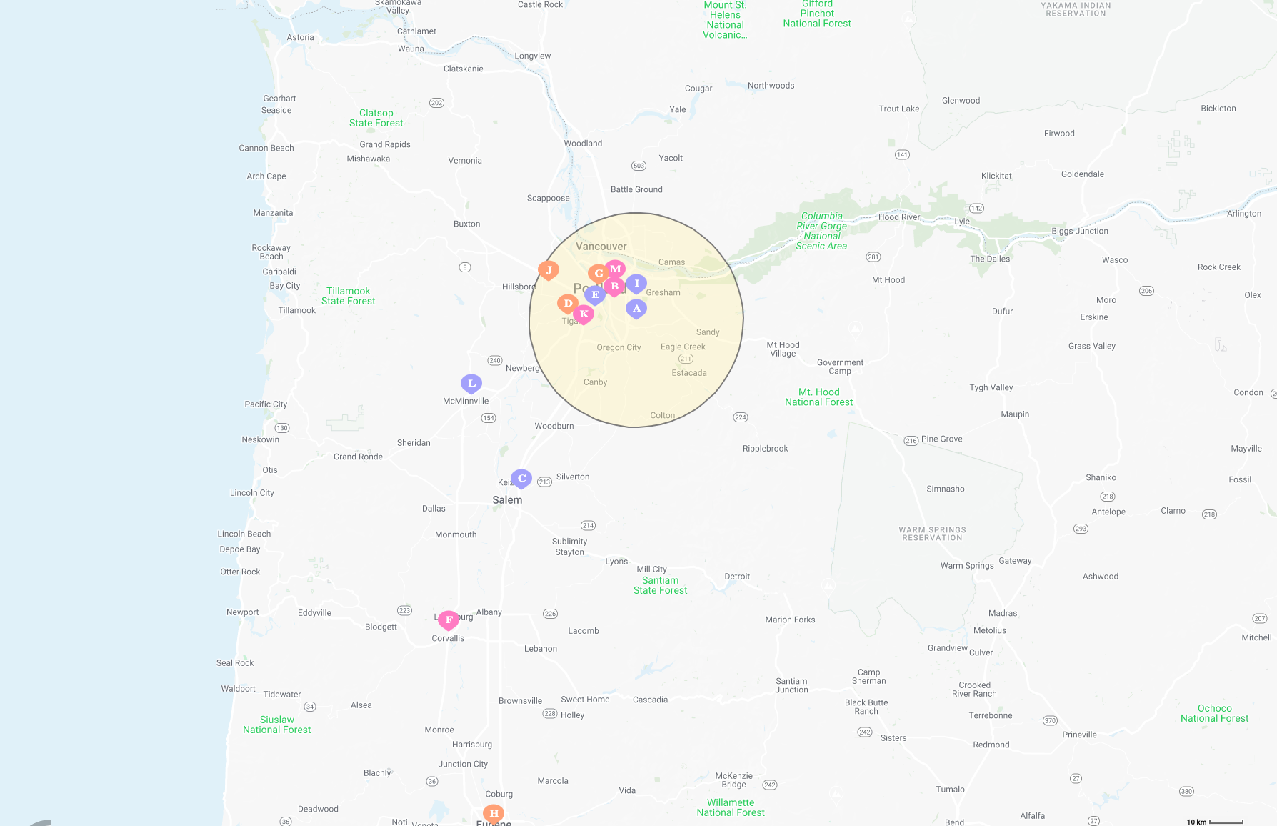 A Mapize map of Oregon using the radius map tool that shows multiple pins and a proximity radius circle.