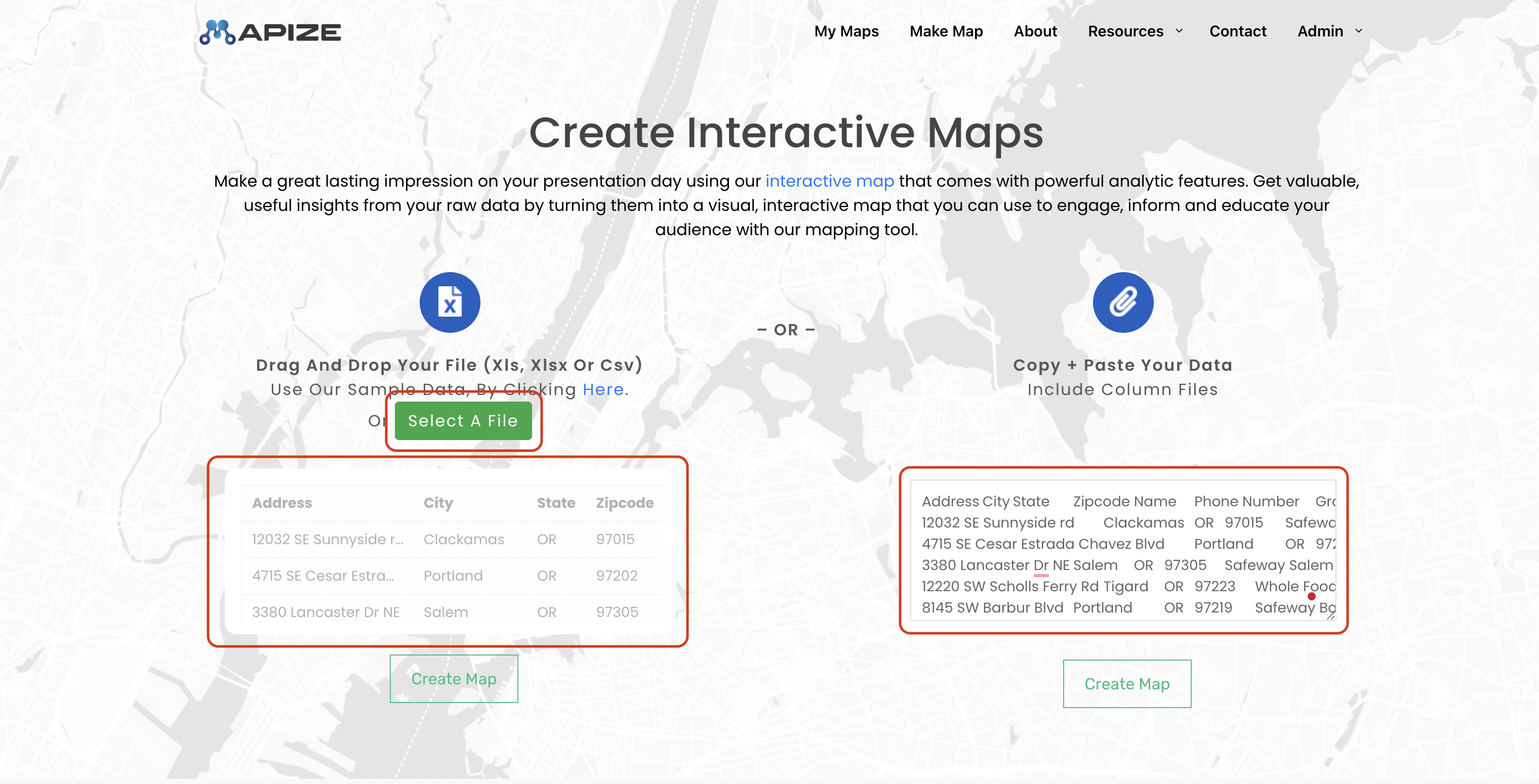 Create a map with latitude and longitude coordinates using one of three highlighted ways on the Mapize website.