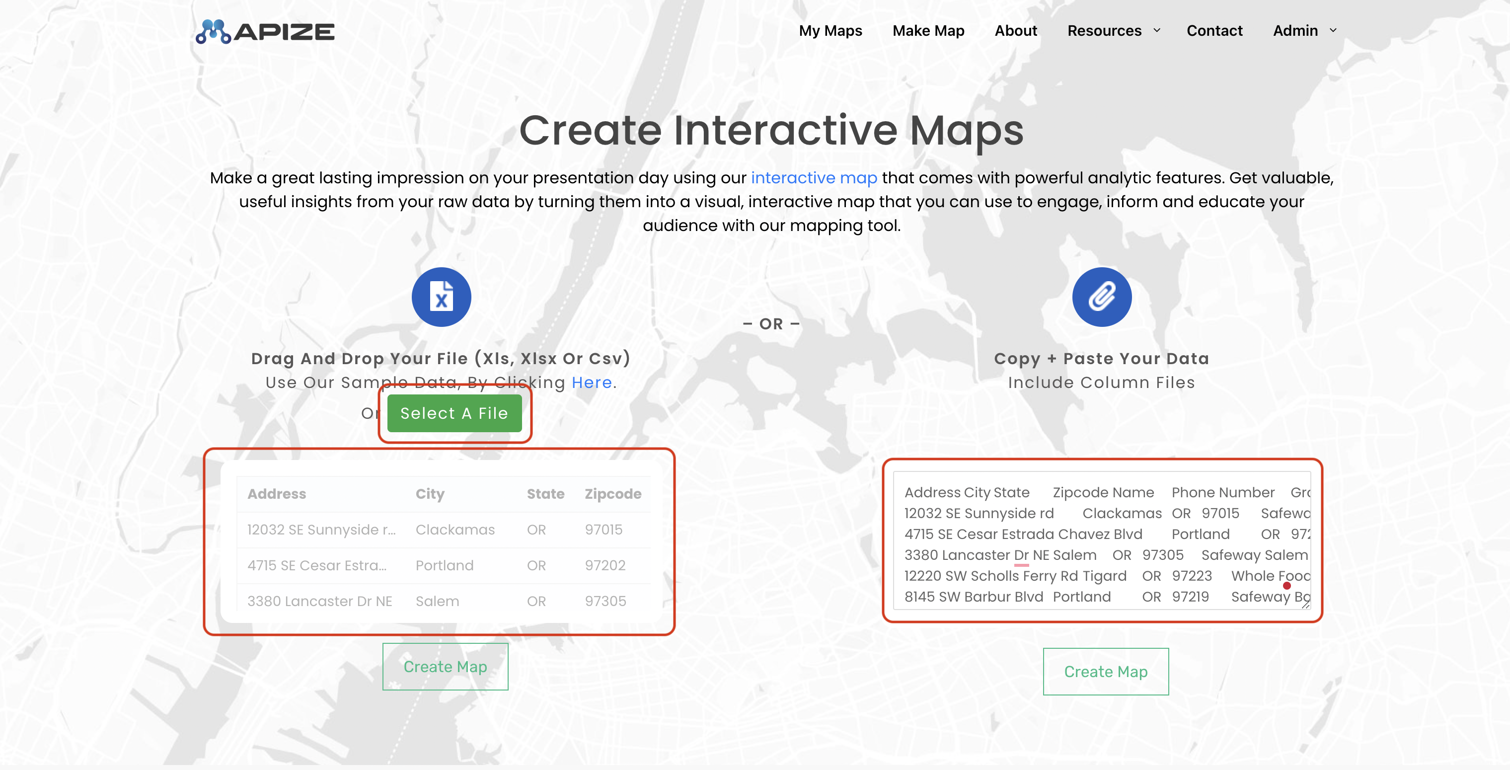 Mapize website showing three ways to create a map online.