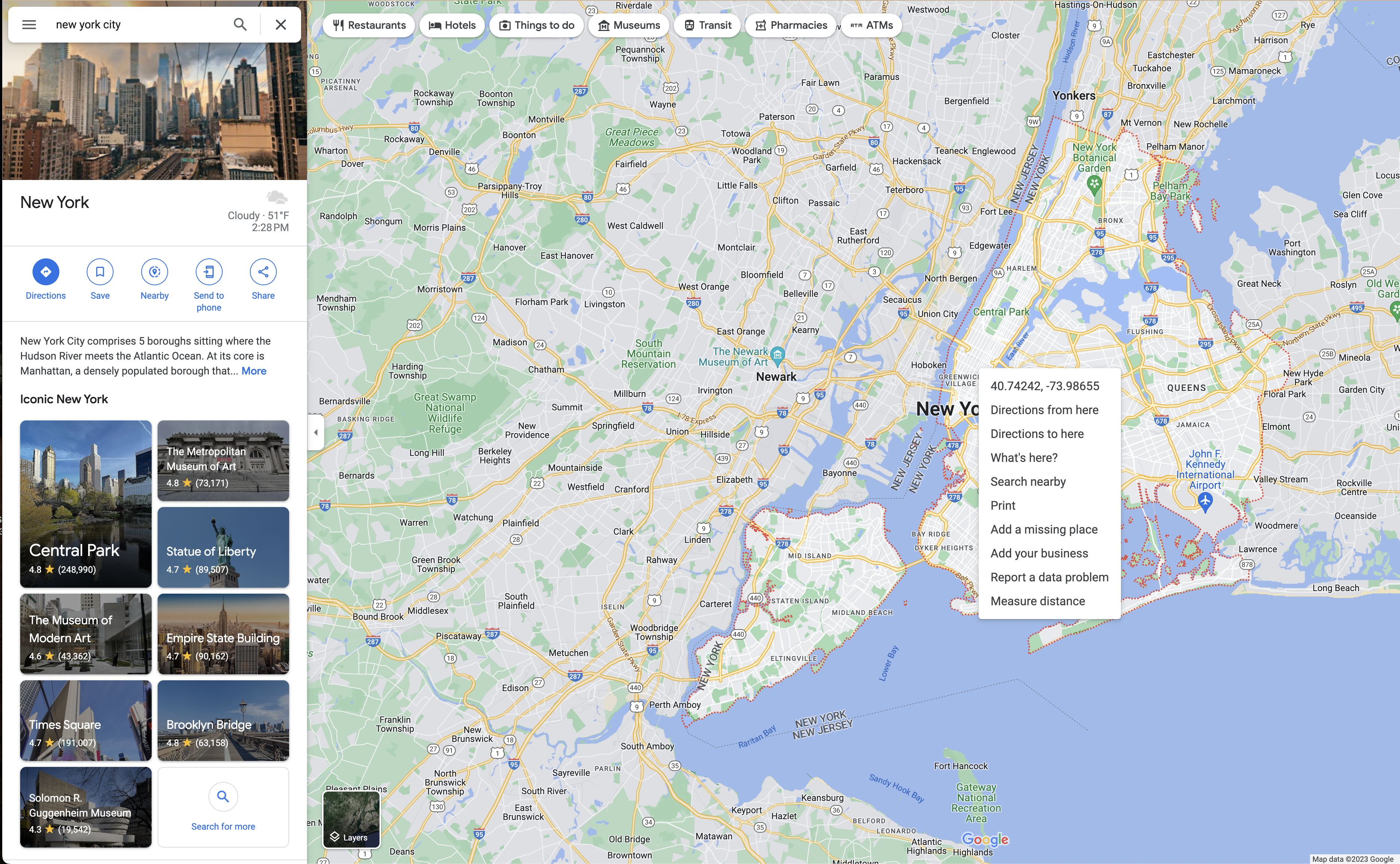 Screenshot of Google Maps after right-clicking to obtain coordinate data.