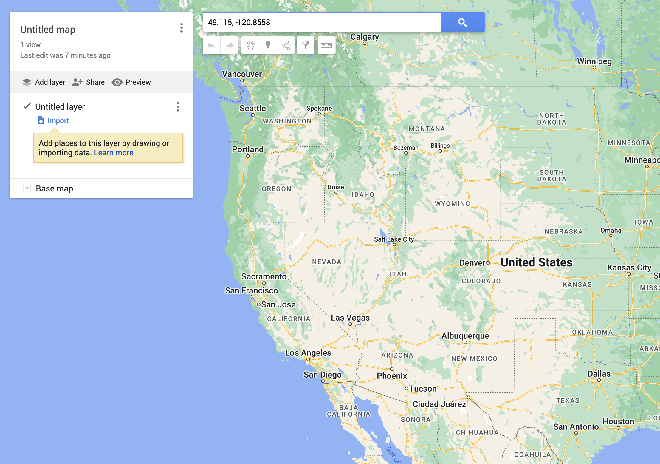 Screenshot of Google My Maps after pasting coordinates into the search bar.