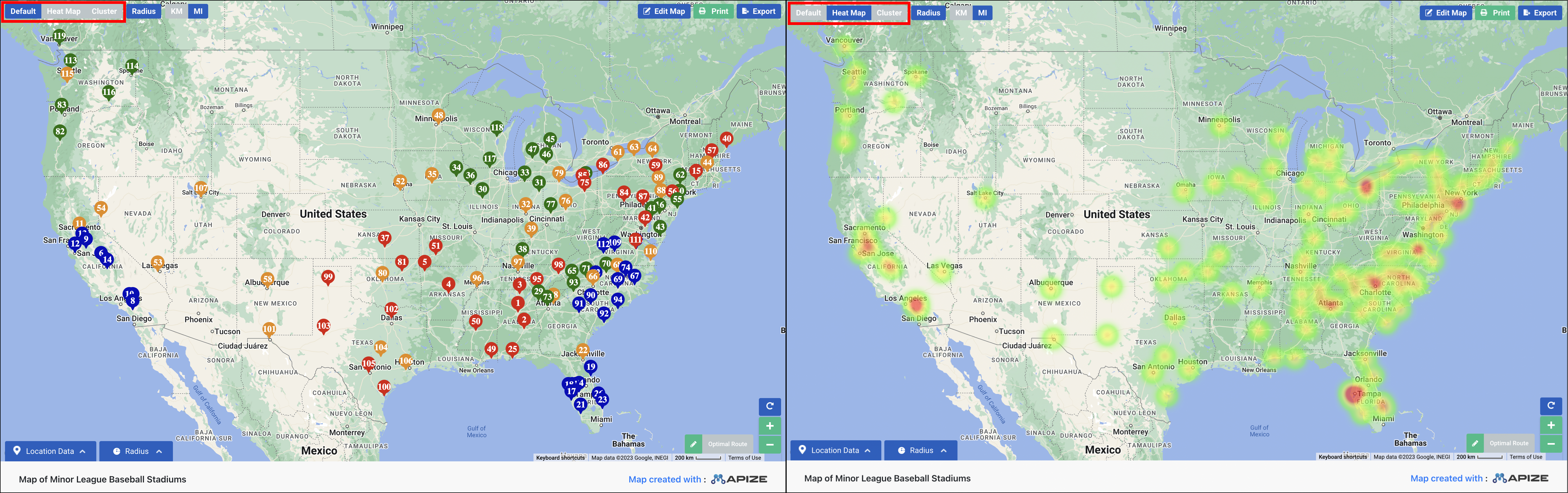 Two images of the same map made with Mapize show the default and heat map modes.