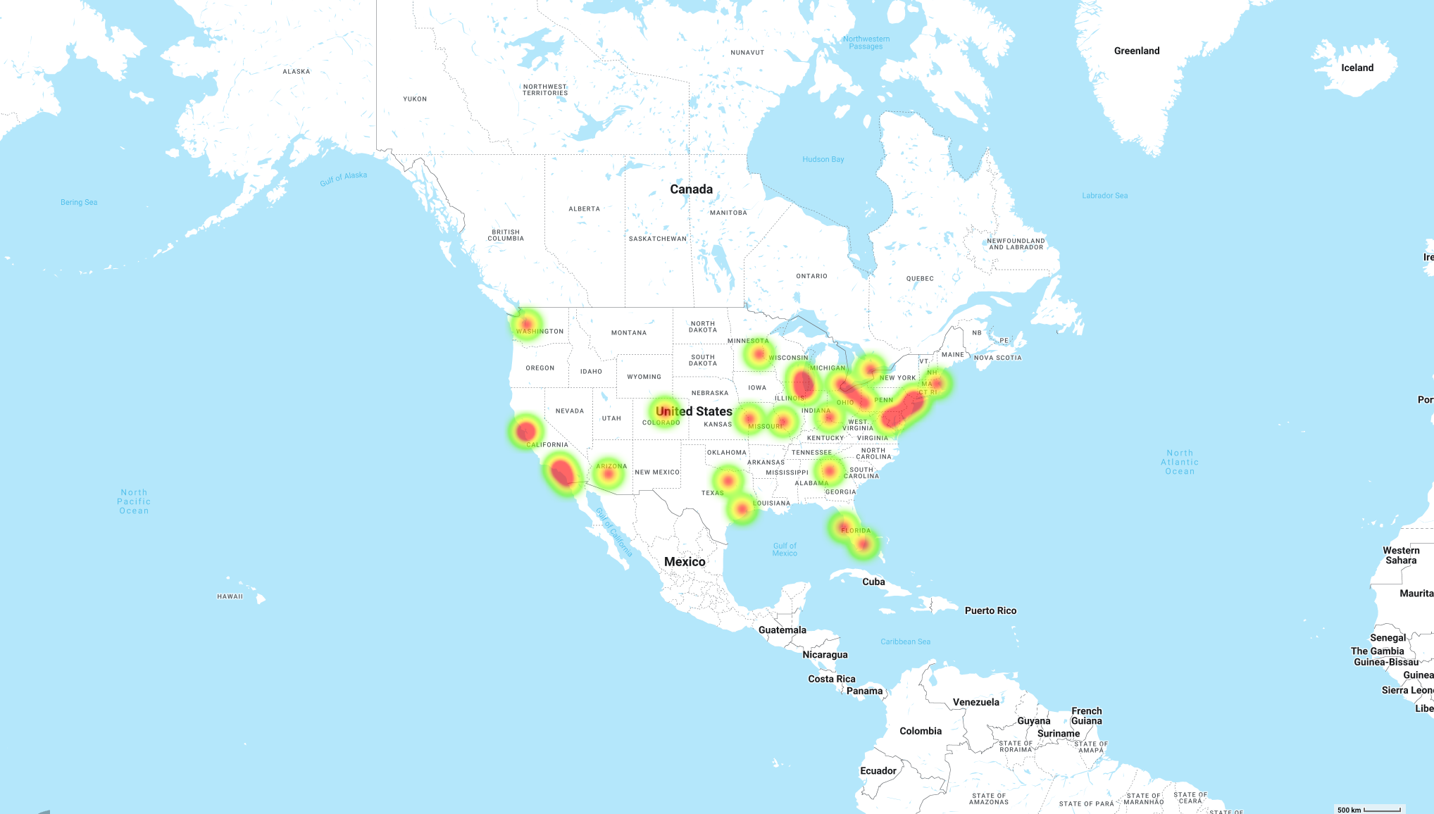 Heat Map of Major League Baseball Stadiums in the US made with Mapize heatmap creator.