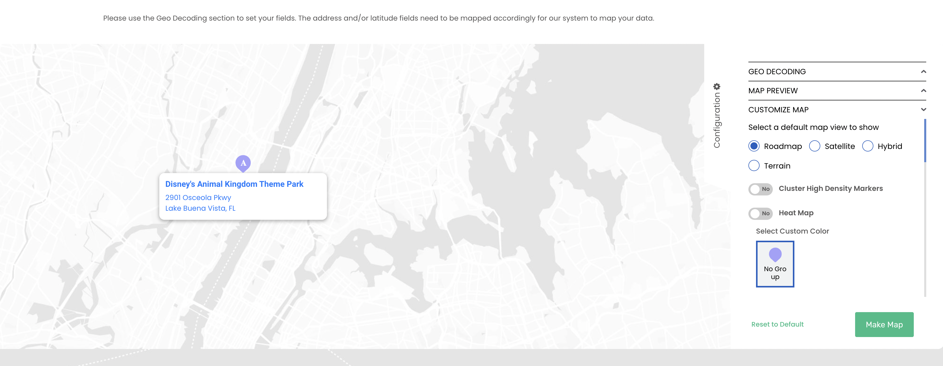 Mapize's configuration screen with customization tools.