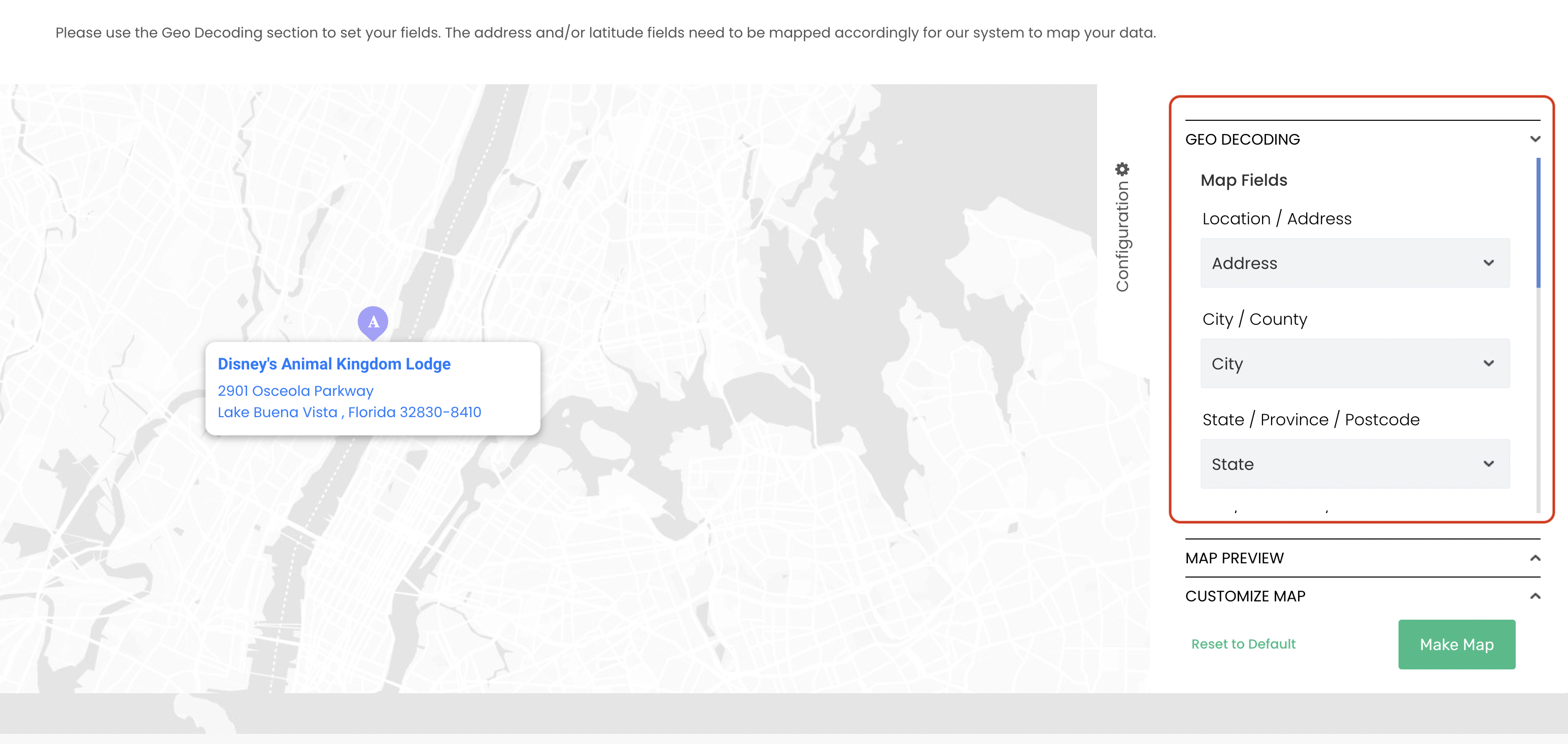 Mapize's configuration screen with geo-decoding fields.
