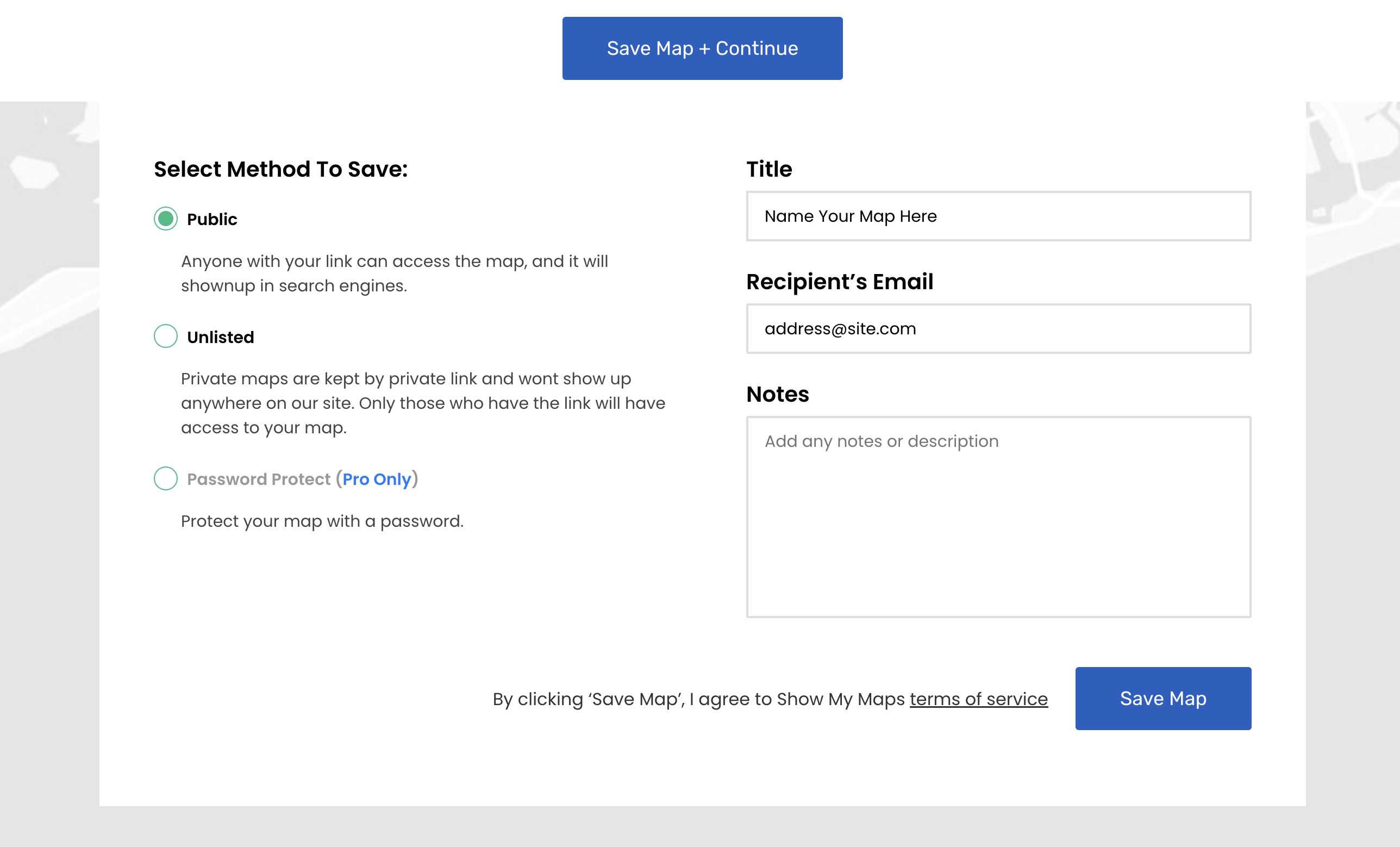 Mapize's screen to save your map and create a map online by adding a name and your email address.