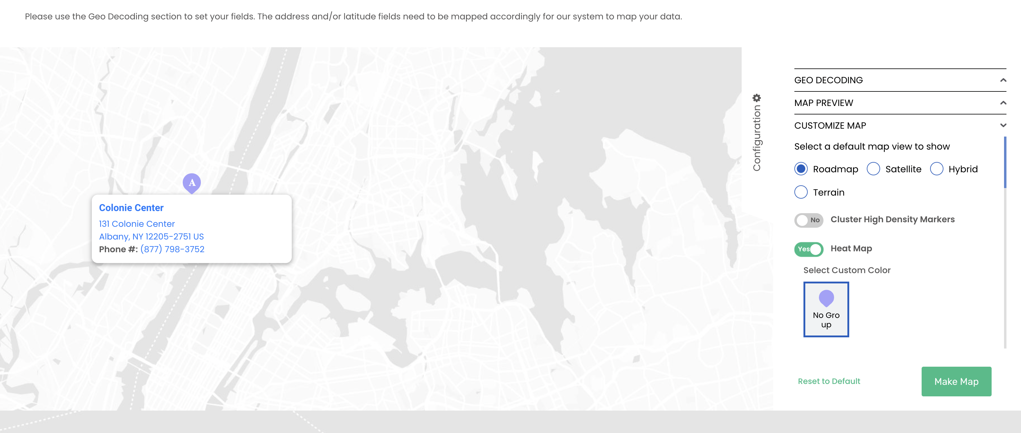 Screenshot of the heatmap creator Configuration section of the Mapize map-making tool.