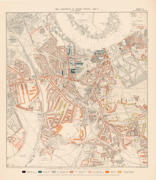 
A map with a map legend showing the poverty distribution across London.