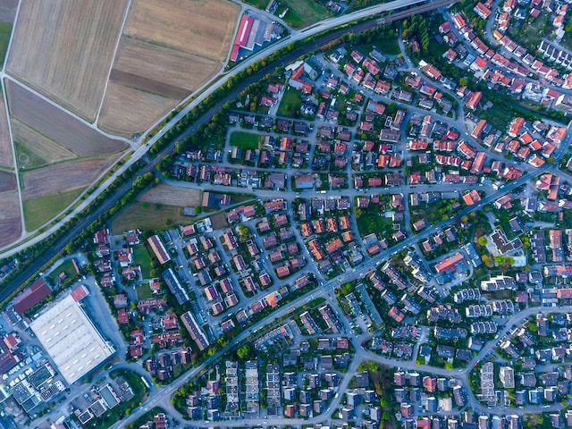 Aerial photography of houses and buildings in Ehningen, Germany.