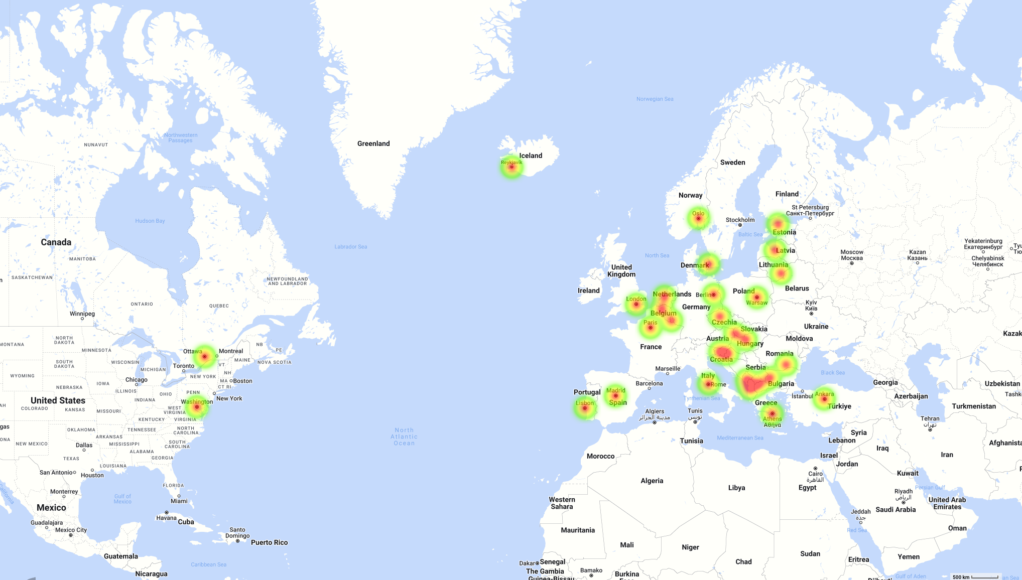 Map of NATO countries made with Mapize heatmap creator.