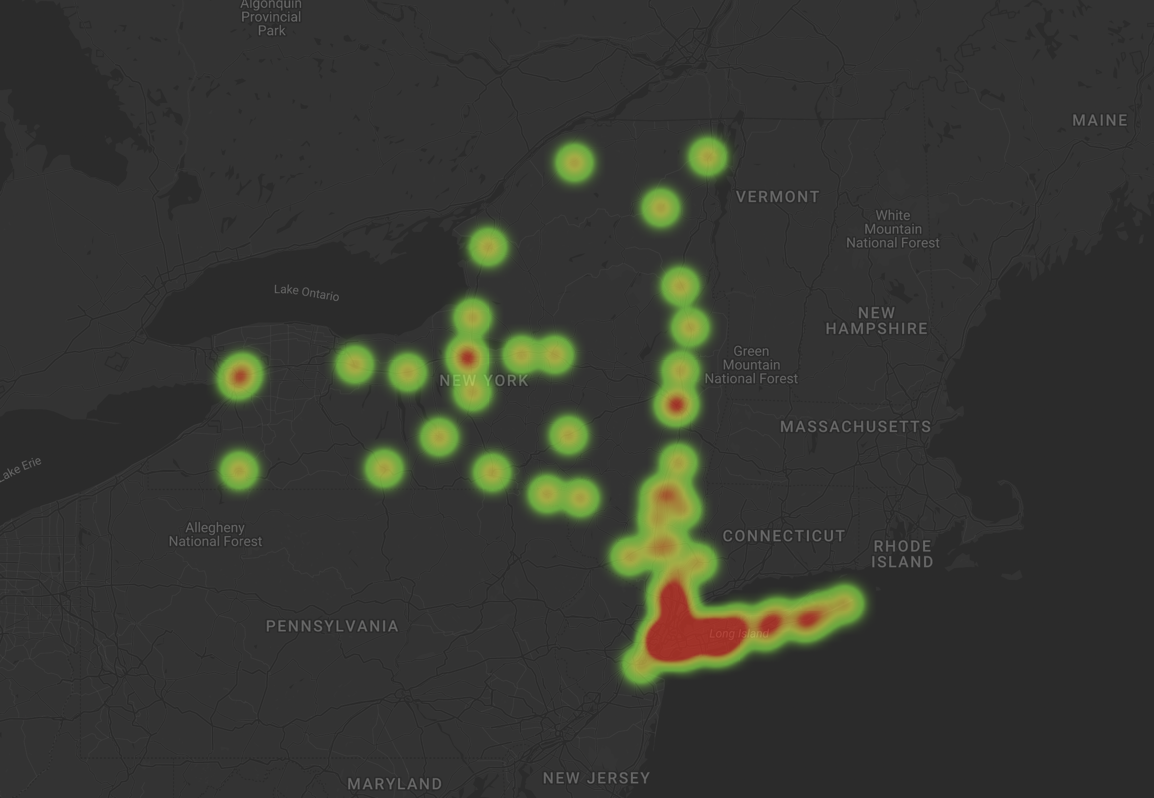 Heat map of Tesla Supercharger stations in New York with a dark background made with Mapize's heat map generator tool.