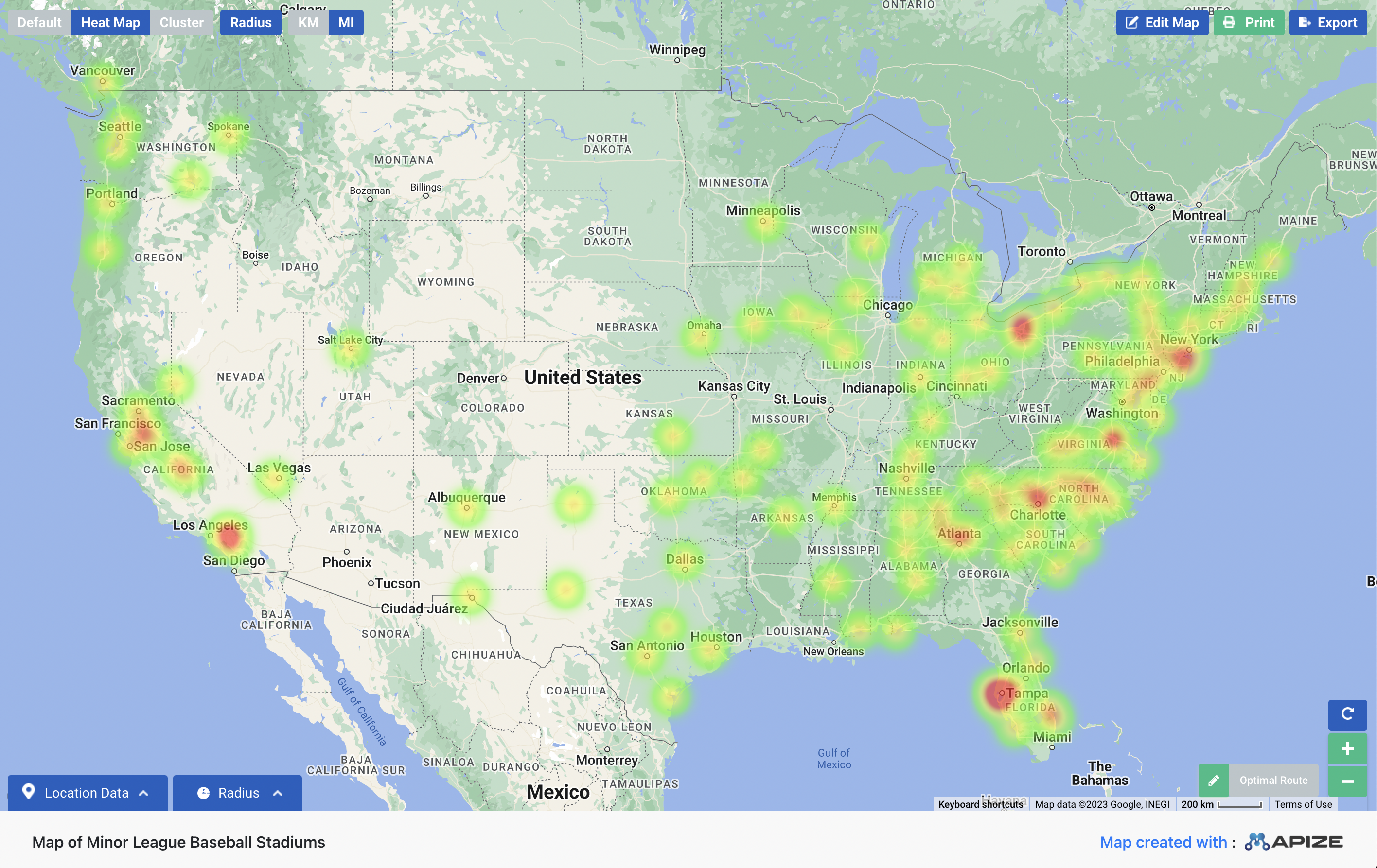 Heat map of the US made by Mapize showing the overall density of minor league baseball stadiums throughout the country.