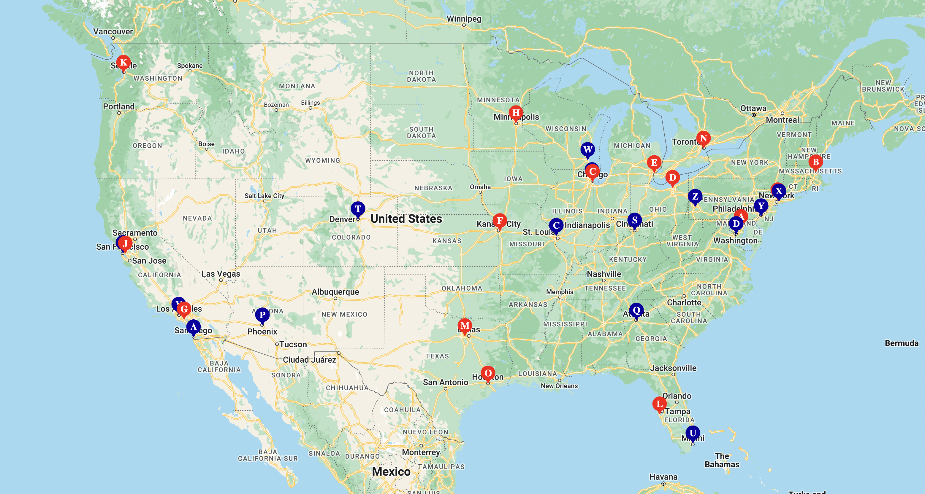 Pin map of Major League Baseball stadiums made with Mapize's geo-mapping software.