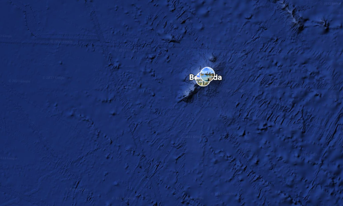 Image of the Bermuda Triangle around the area of Bermuda on Google Earth.