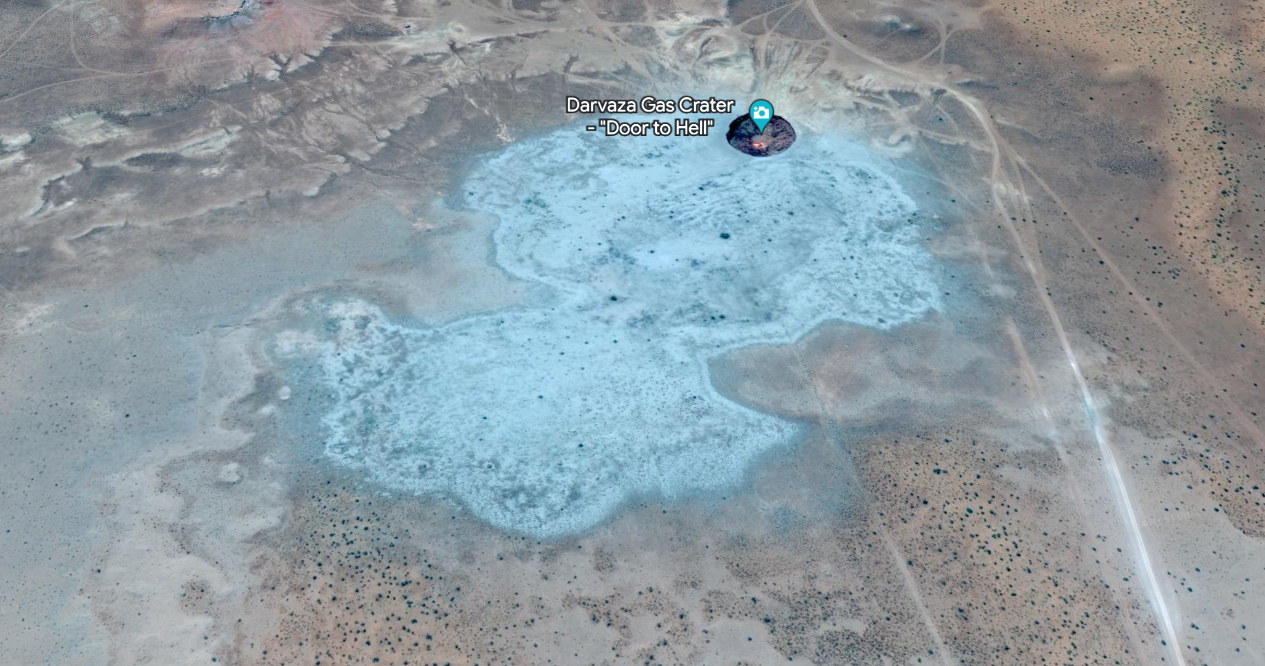 Image of the Darvaza Gas Crater on Google Earth.