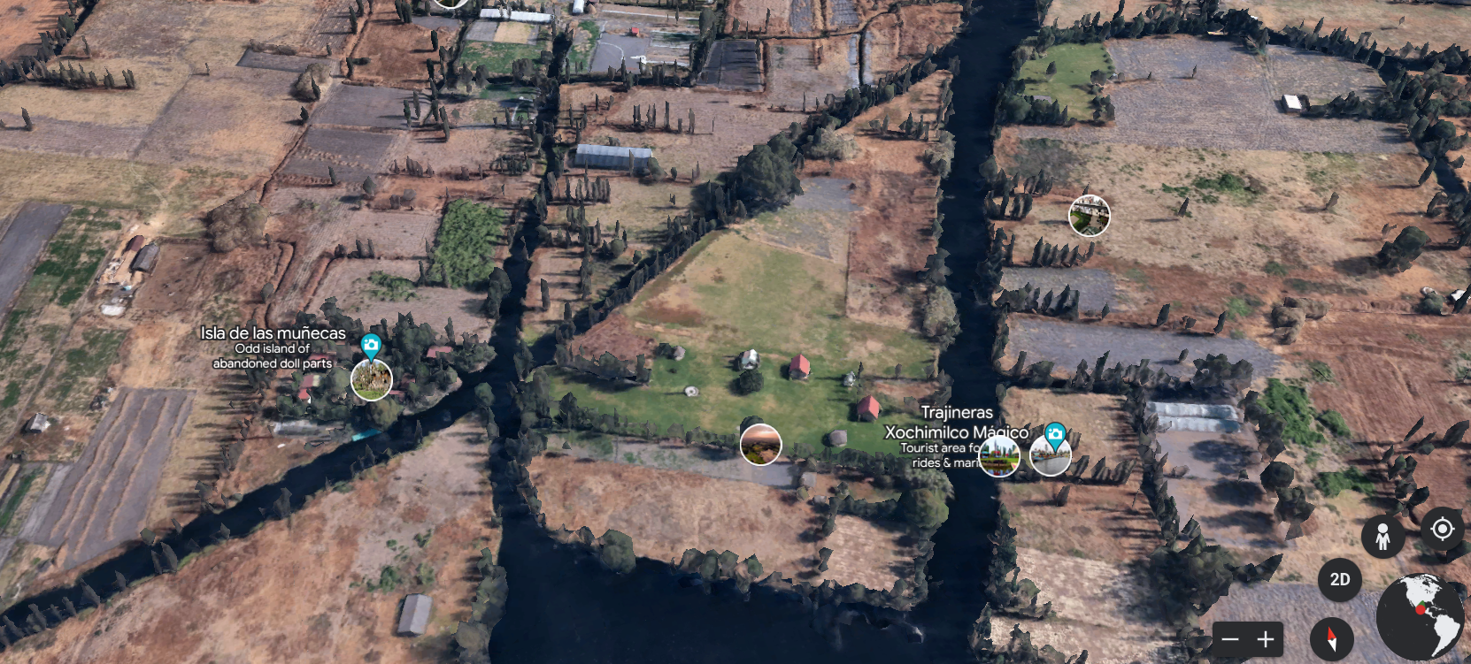 The island of dolls near the Xochimilco canals on Google Earth.