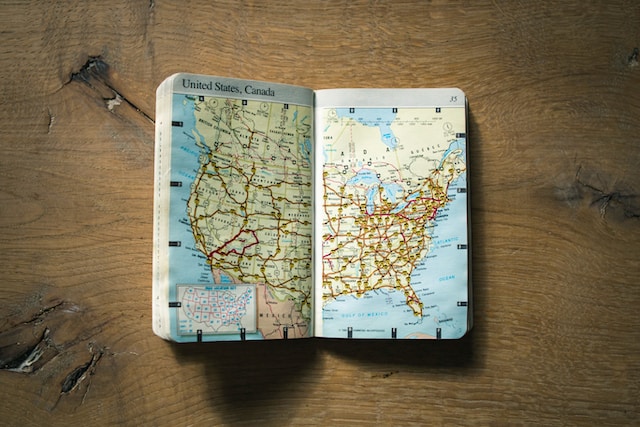 A map in a diary displaying the maps of the United States and Canada.
