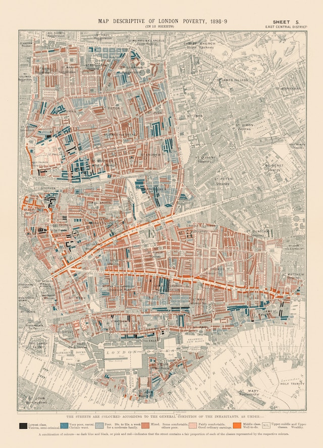 Demographic Map from LSE Library showing color coordinated London Poverty Map, 1898-9. Sheet 5: east central district.