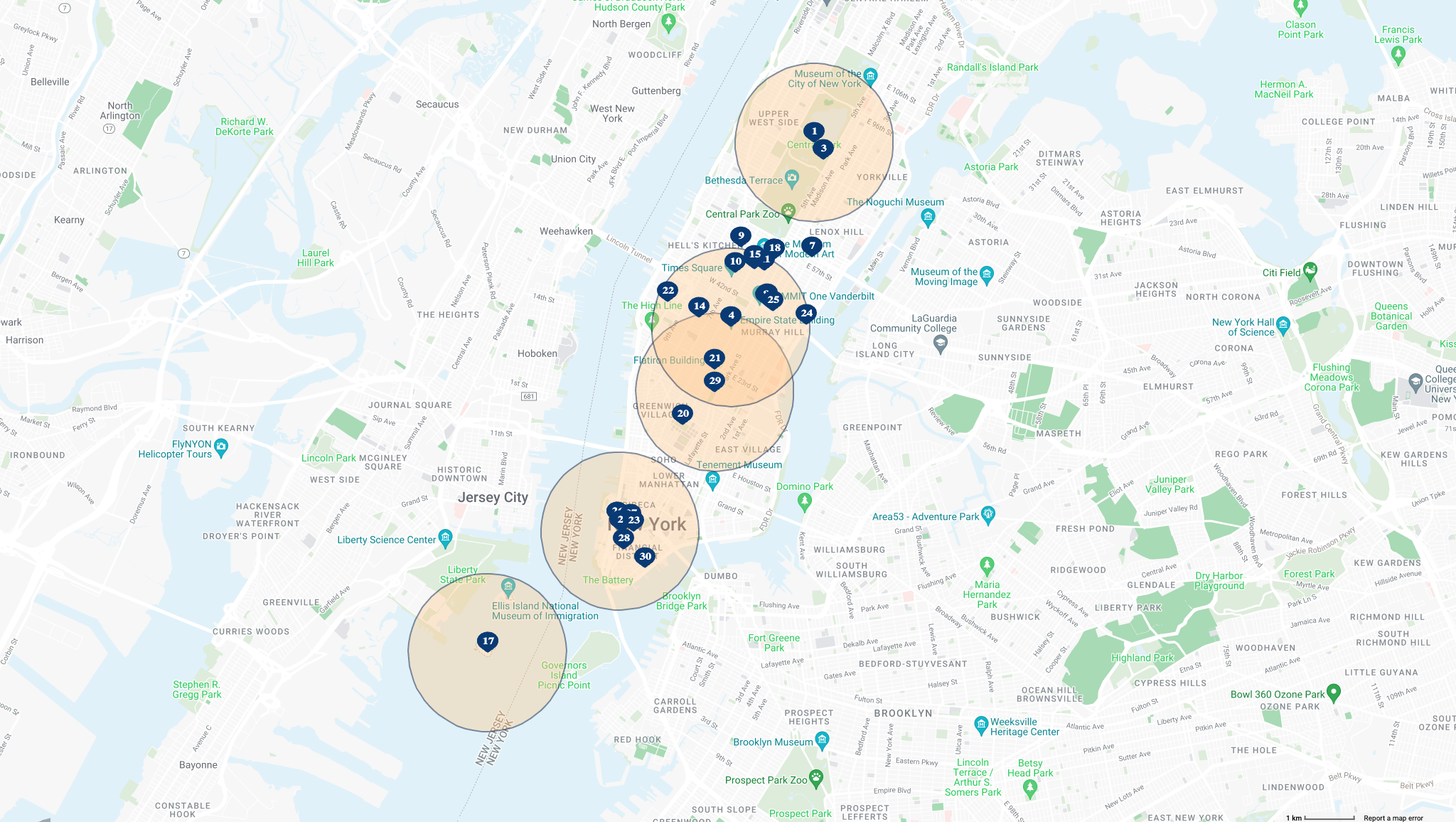 Radius map of New York showing distances between multiple pins.