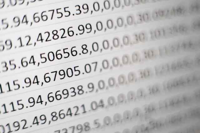 Close-up of number data on a computer screen.