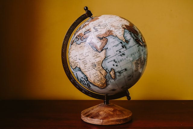 A globe displaying the geography of the world in fine details