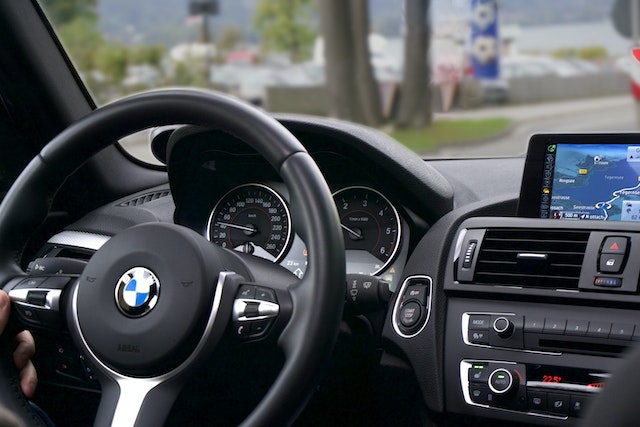 A BMW car with an inbuilt GIS software for navigation. 
