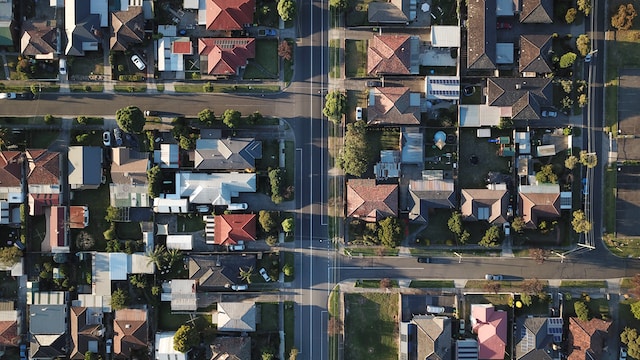 An aerial view of homes in neighborhood.