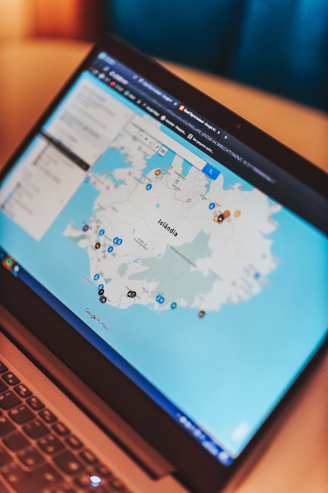 Computer showing Google My Maps locations for an island.