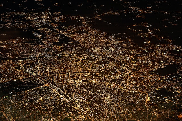 A satellite imagery of nighttime lights of a geographic region.  
