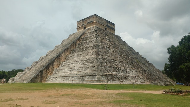View of an ancient stone pyramid at Chichen Itza in Mexico. 