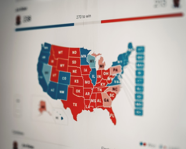 A diverging heat map showing the election results in the United States.