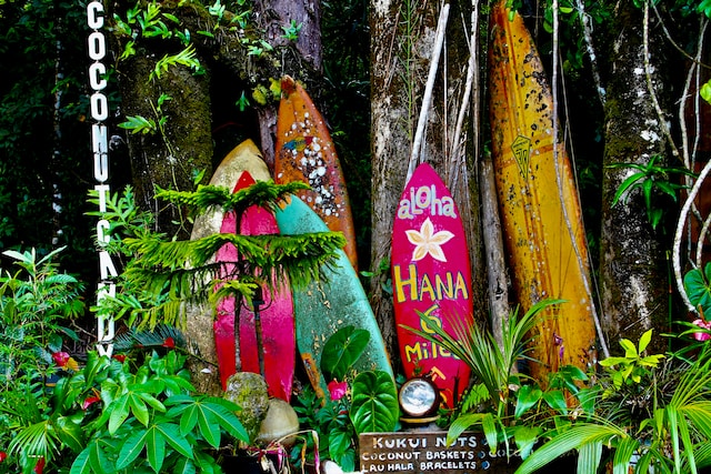 Surfboard leaning against a tree with a painted sign saying “Hana 6 miles.”