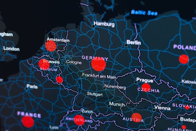 A heat map showing population density in multiple European countries.