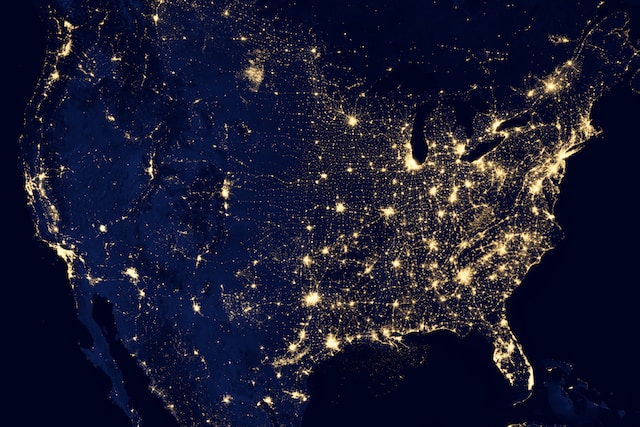 A dot density map highlighting light pollution in different cities throughout the United States.