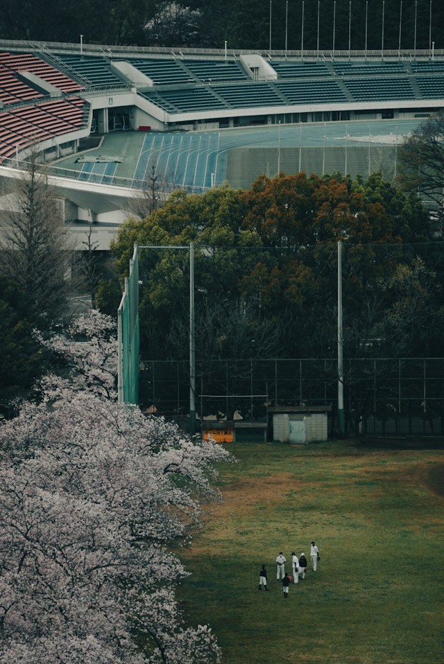 Japanese fans playing baseball on a field.