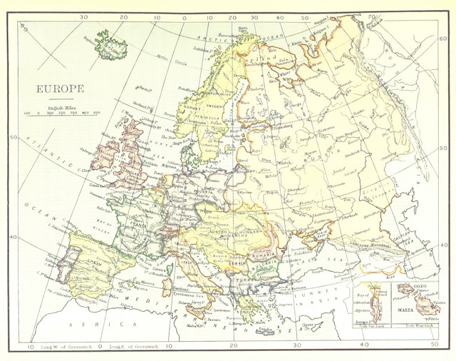An old chart highlights the longitudes passing through the European continent.