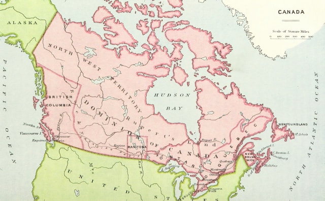 An old map showing Canada before its independence from the European settlers.