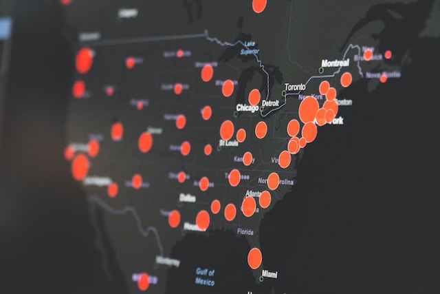 A cartographer creates a radius map to find the best locations to set up a new warehouse.